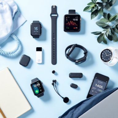 Verschiedene Smartwatches, Kopfhörer und technisches Zubehör auf einem hellblauen Hintergrund.