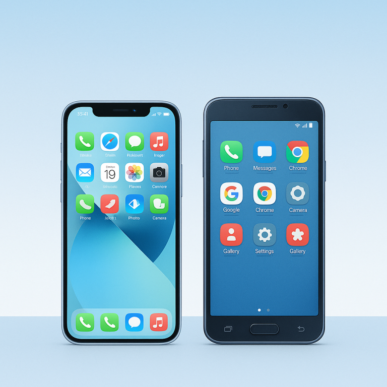 Moderne Geräte auf einem Tisch mit Cloud- und App-Symbolen im Hintergrund.