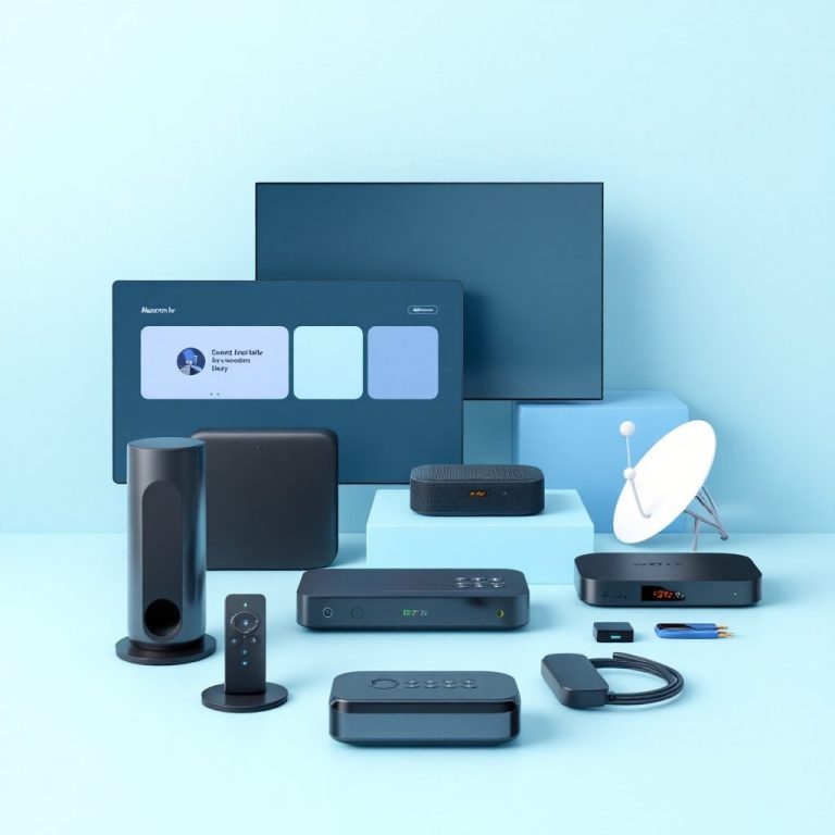 Eine Auswahl von modernen Elektronikgeräten auf einem hellblauen Hintergrund.