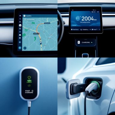 Fahrzeug-Infodisplay, Ladestation mit Kabel und Ladeanschluss.