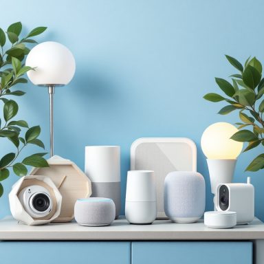 Verschiedene moderne Smart-Home-Geräte auf einem Tisch vor blauer Wand.