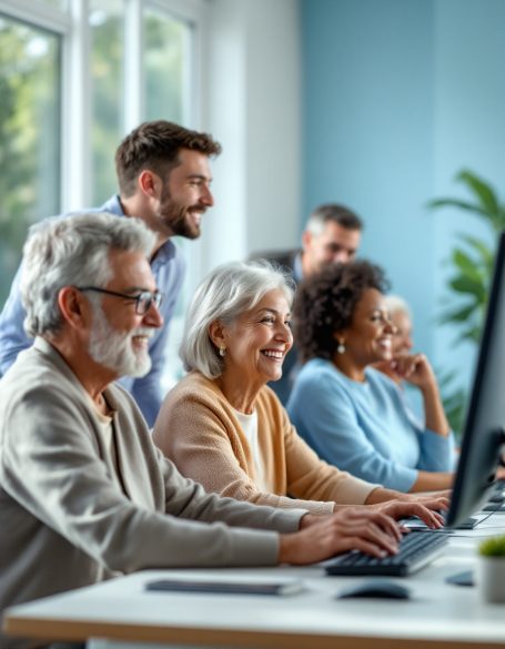 Ältere Menschen arbeiten an Computern, während jüngere Personen ihnen helfen.