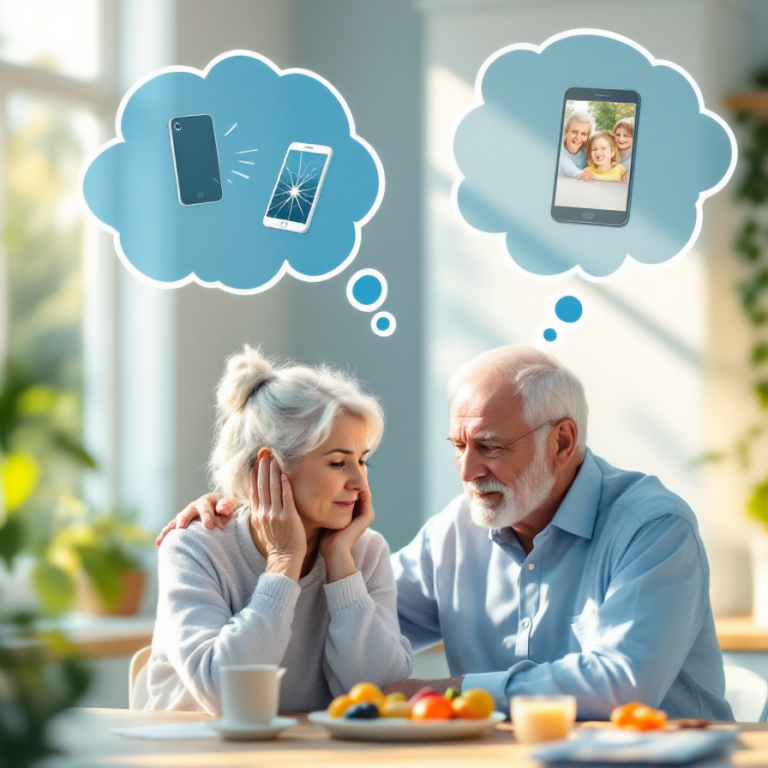 Moderne Geräte auf einem Tisch mit Cloud- und App-Symbolen im Hintergrund.