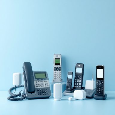Verschiedene Telefone auf einem blauen Hintergrund, einschließlich kabelgebundener und kabelloser Modelle.