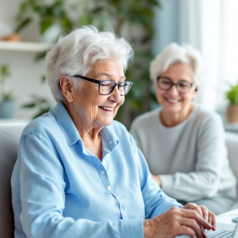 Zwei lächelnde ältere Frauen, eine sitzt am Tisch an einem Computer, die andere im Hintergrund.