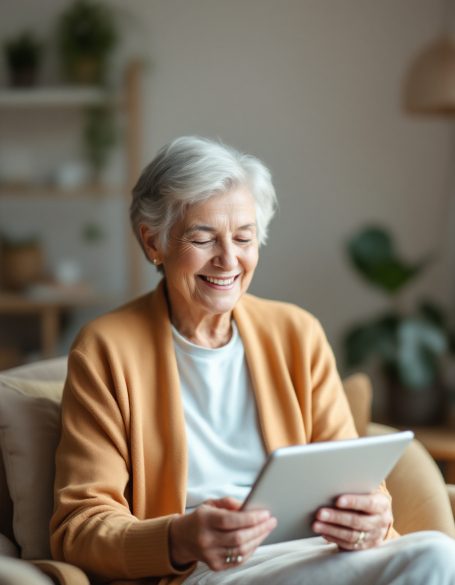 Ältere Frau in einem beigen Pullover lächelt, während sie ein Tablet benutzt.