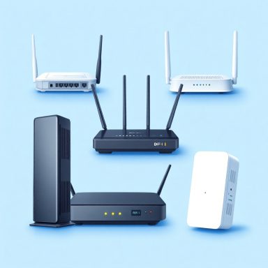Verschiedene Router und ein Signalverstärker auf blauem Hintergrund.
