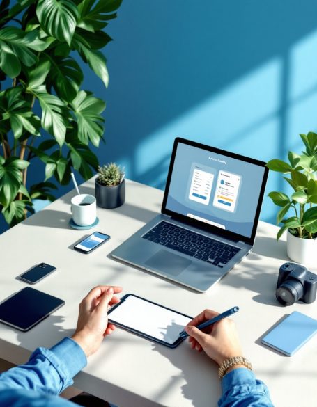 Eine Person arbeitet an einem Schreibtisch mit Laptop, Smartphone und Pflanzen.