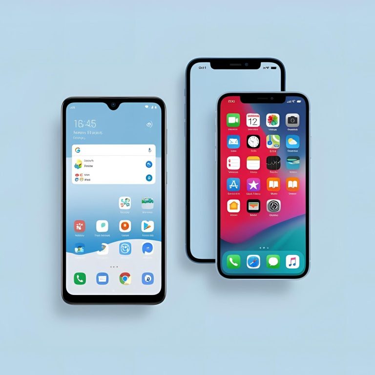 Drei Smartphones auf einem hellblauen Hintergrund, zwei mit Home-Bildschirm sichtbar.