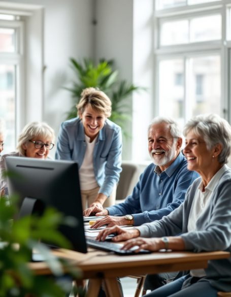 Ältere Menschen sitzen an einem Tisch und nutzen gemeinsam einen Computer.