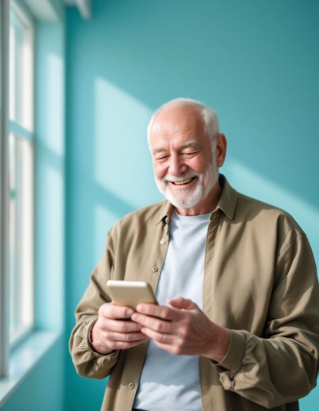 Älterer Mann lächelt, hält ein Smartphone in einer hellen, blauen Umgebung.