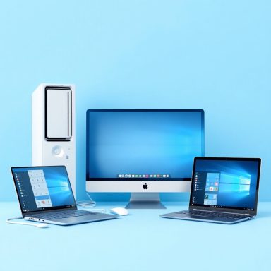Verschiedene Computergeräte auf blauem Hintergrund: Desktop, iMac und Laptops.
