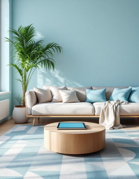 Helle Wohnzimmereinrichtung mit beigem Sofa, blauen Kissen und runder Tischmitte.