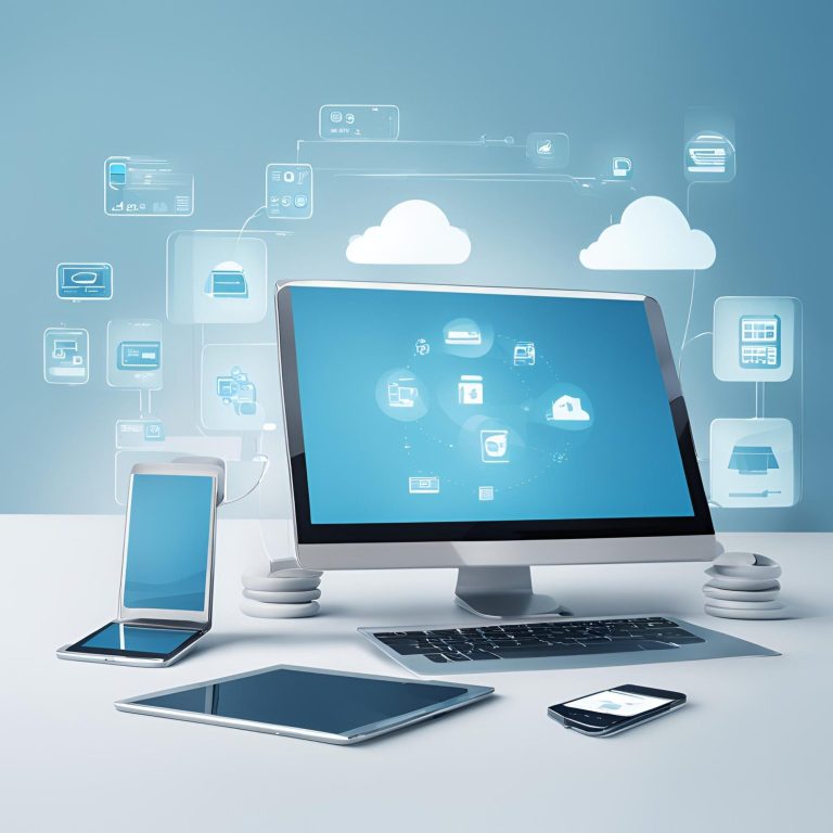 Moderne Geräte auf einem Tisch mit Cloud- und App-Symbolen im Hintergrund.