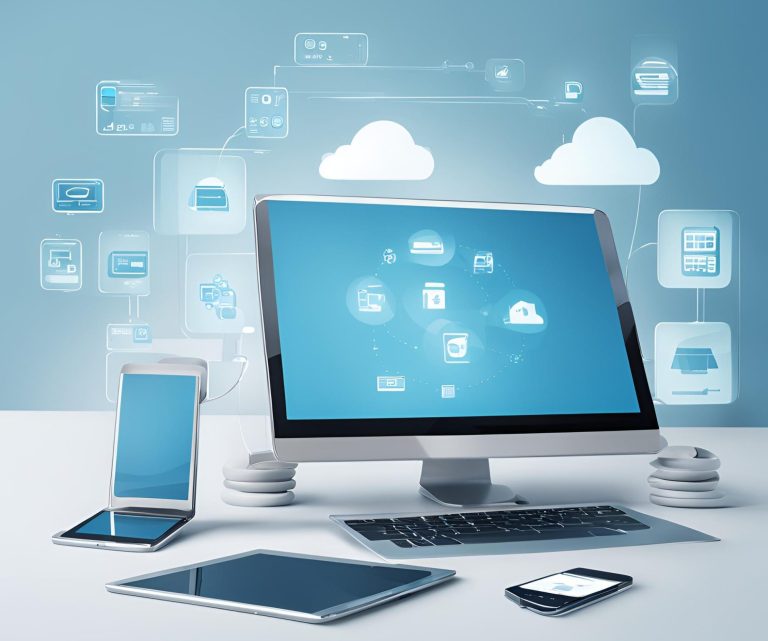 Technik-ABC für Einsteiger Computer, Tablet und Smartphone mit Cloud-Symbolen und App-Icons im Hintergrund.